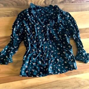 Women’s vintage 90s Loco Lindo black floral ruffle 3/4 sleeve blouse, size Small